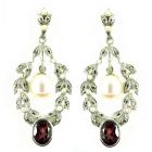 Florale Ohrringe echt Rhodolith + Perle + Markasit