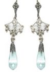 Lange Ohrringe mit synth.Aquamarin Briolette + Markasit+Perlchen