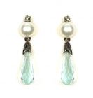 Ohrringe mit imit. Aquamarin Briolette + Perle + Markasit