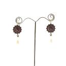 Bohemian garnet earrings with big freshwater pearls and 14ctgold wires