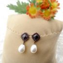 Square Bohemian garnet earrings with big freshwater pearls