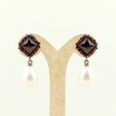 Square Bohemian garnet earrings with big freshwater pearls