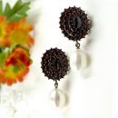 Oval Bohemian garnet earrings with big freshwater pearls
