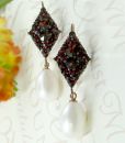 Bohemian garnet marquise shaped earrings with big pearls